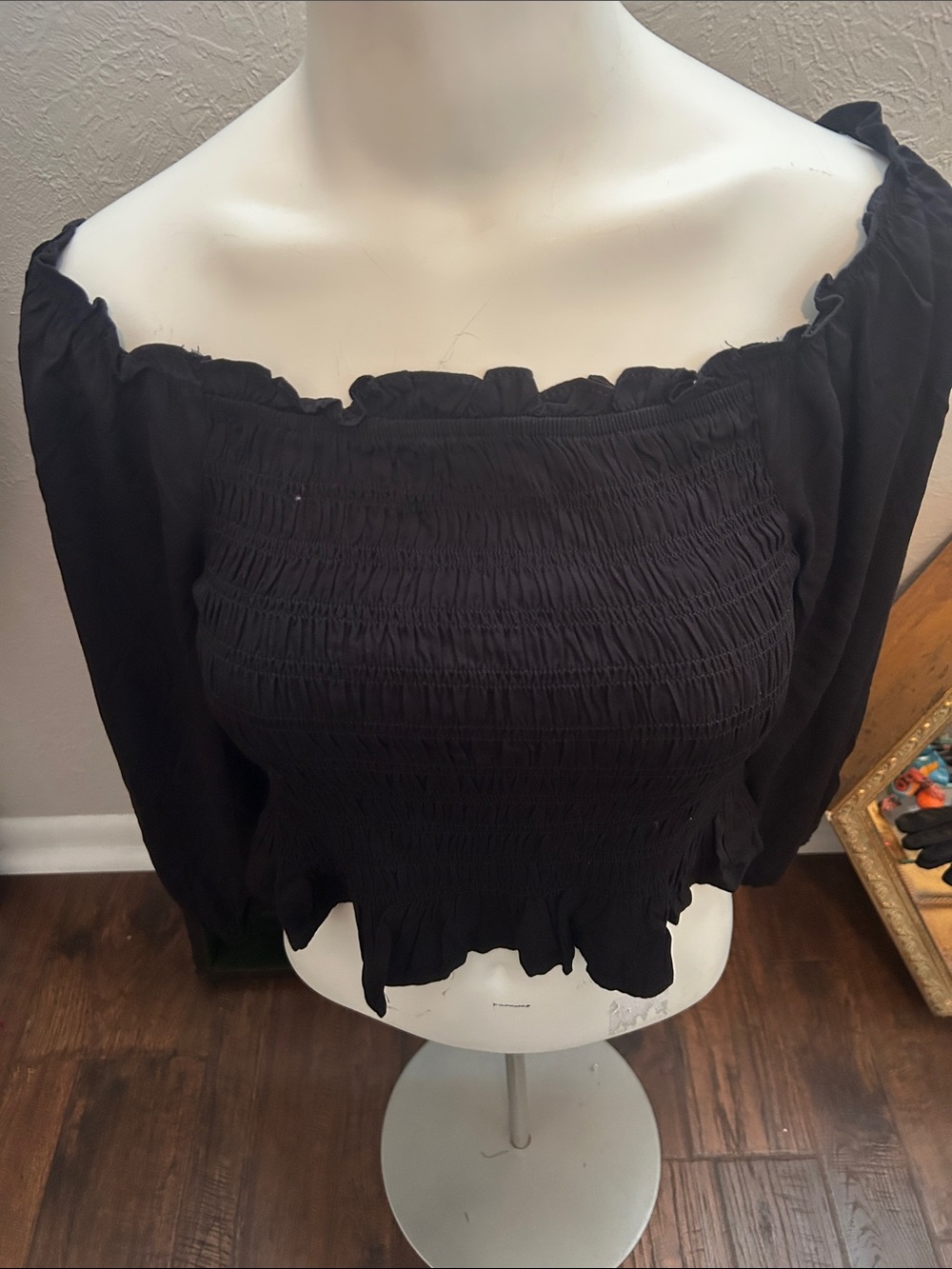 Smocked Off-Shoulder Black Blouse